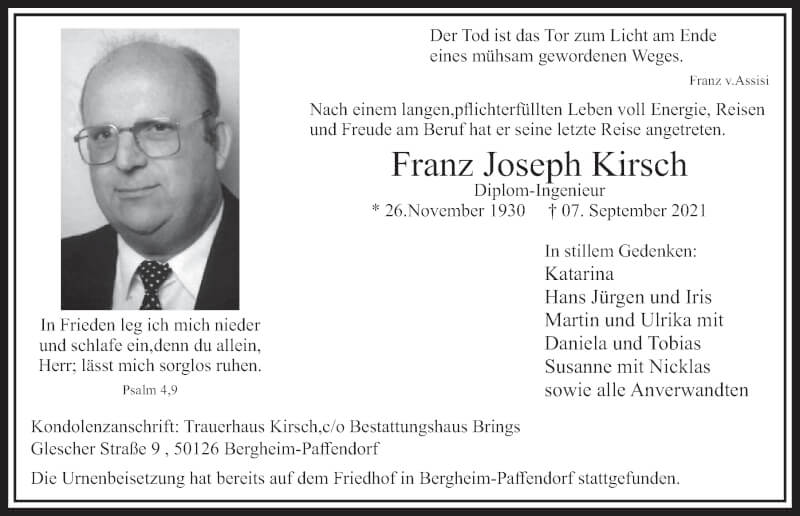  Traueranzeige für Franz Joseph Kirsch vom 17.09.2021 aus  Werbepost 