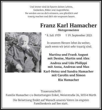 Anzeige von Franz Karl Hamacher von  Wochenende 