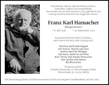 Anzeige von Franz Karl Hamacher von Kölner Stadt-Anzeiger / Kölnische Rundschau / Express