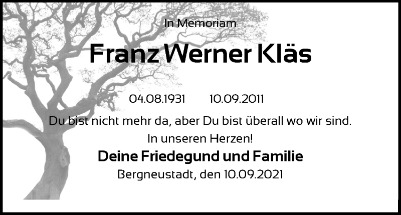  Traueranzeige für Franz Werner Kläs vom 10.09.2021 aus Kölner Stadt-Anzeiger / Kölnische Rundschau / Express