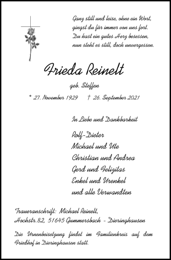 Anzeige von Frieda Reinelt von  Anzeigen Echo 
