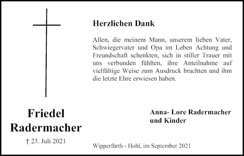  Traueranzeige für Friedel Radermacher vom 25.09.2021 aus Kölner Stadt-Anzeiger / Kölnische Rundschau / Express