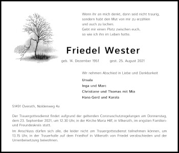 Anzeige von Friedel Wester von Kölner Stadt-Anzeiger / Kölnische Rundschau / Express