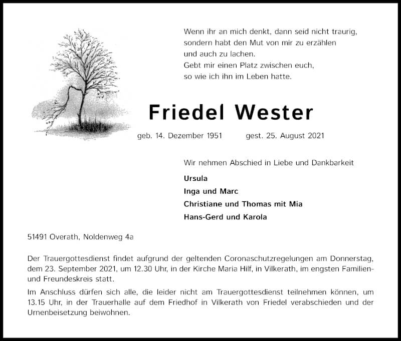  Traueranzeige für Friedel Wester vom 18.09.2021 aus Kölner Stadt-Anzeiger / Kölnische Rundschau / Express