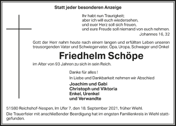 Anzeige von Friedhelm Schöpe von  Anzeigen Echo  Lokalanzeiger 