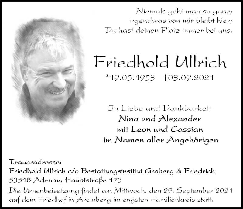  Traueranzeige für Friedhold Ullrich vom 18.09.2021 aus Kölner Stadt-Anzeiger / Kölnische Rundschau / Express