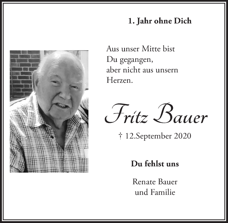  Traueranzeige für Fritz Bauer vom 03.09.2021 aus  Schlossbote/Werbekurier 