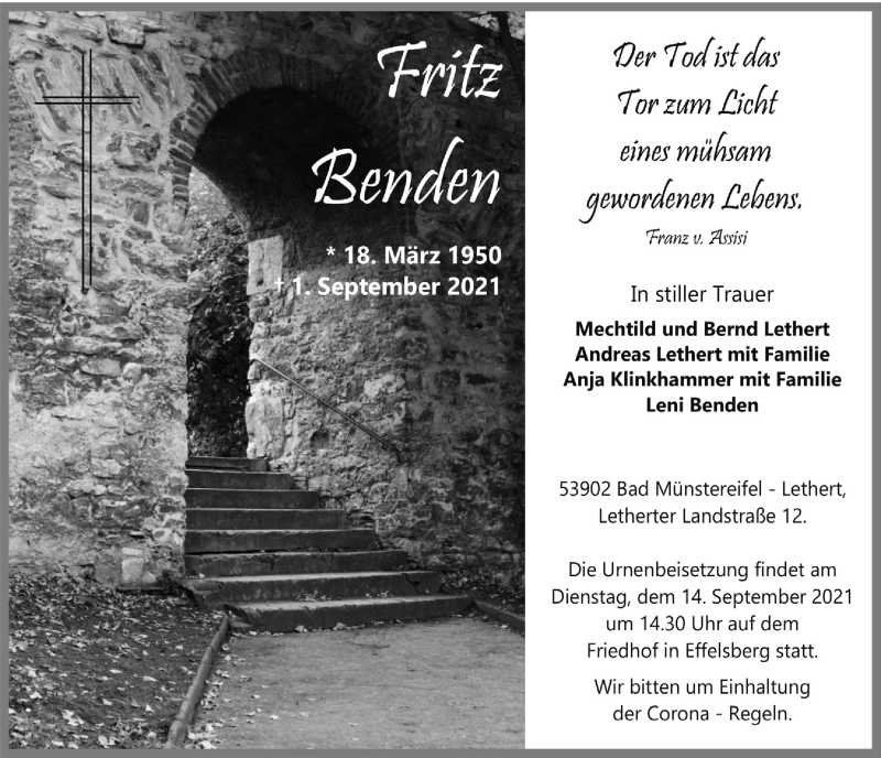  Traueranzeige für Fritz Benden vom 11.09.2021 aus  Blickpunkt Euskirchen 