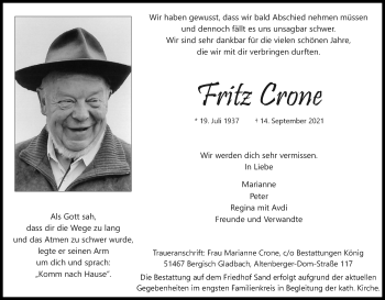 Anzeige von Fritz Crone von Kölner Stadt-Anzeiger / Kölnische Rundschau / Express