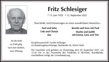 Anzeige von Fritz Schlesiger von  Wochenende 