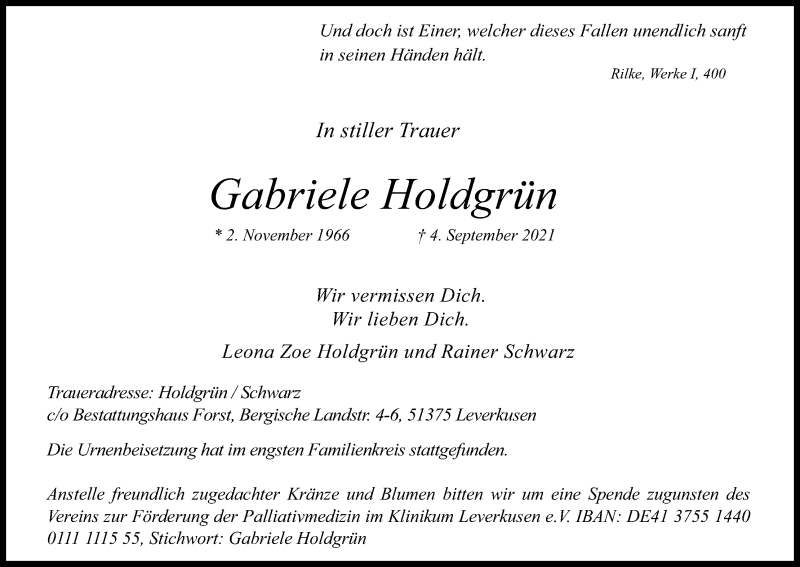  Traueranzeige für Gabriele Holdgrün vom 22.09.2021 aus Kölner Stadt-Anzeiger / Kölnische Rundschau / Express