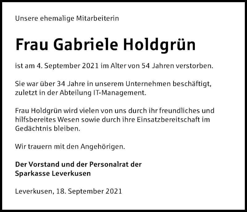  Traueranzeige für Gabriele Holdgrün vom 18.09.2021 aus Kölner Stadt-Anzeiger / Kölnische Rundschau / Express