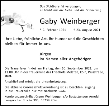 Anzeige von Gaby Weinberger von Kölner Stadt-Anzeiger / Kölnische Rundschau / Express