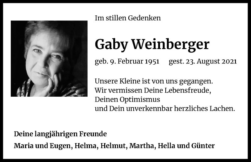  Traueranzeige für Gaby Weinberger vom 04.09.2021 aus Kölner Stadt-Anzeiger / Kölnische Rundschau / Express