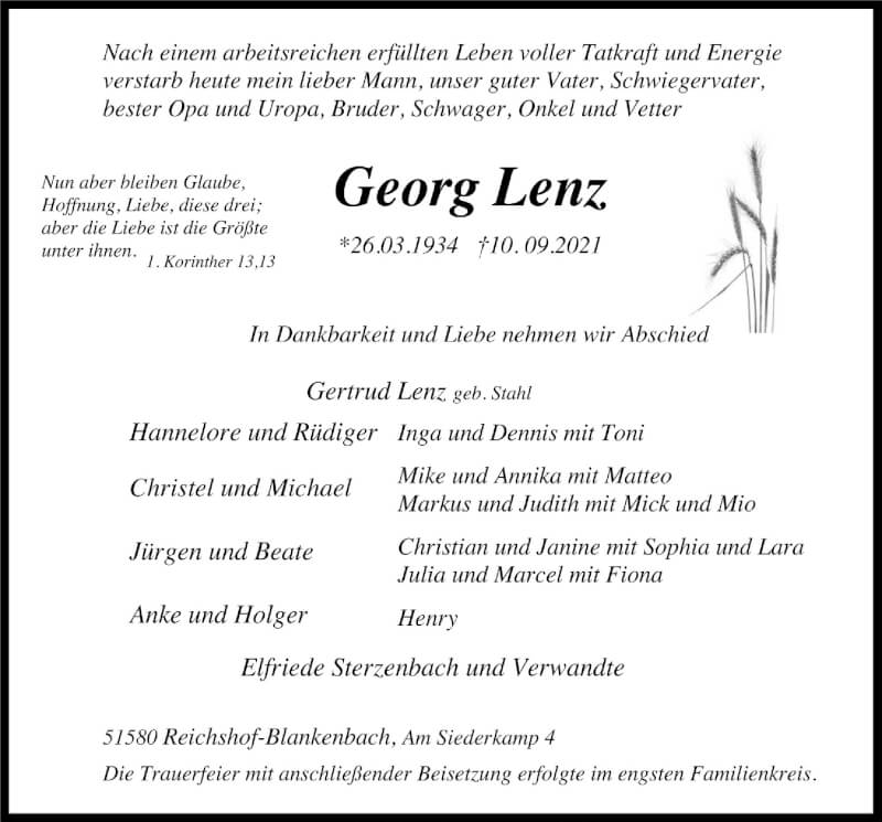  Traueranzeige für Georg Lenz vom 17.09.2021 aus  Anzeigen Echo 