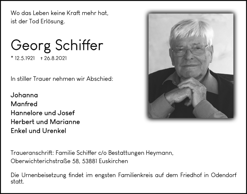  Traueranzeige für Georg Schiffer vom 03.09.2021 aus  Schaufenster/Blickpunkt 