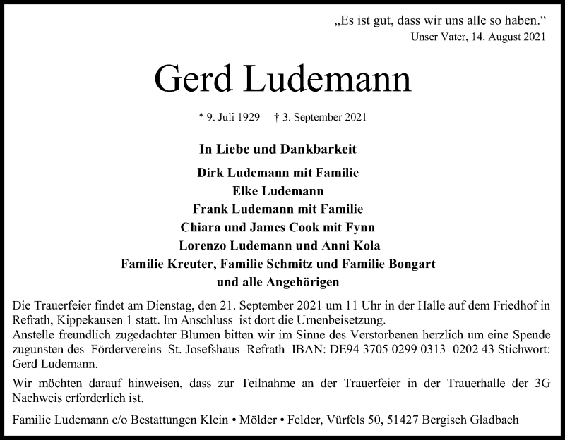  Traueranzeige für Gerd Ludemann vom 11.09.2021 aus Kölner Stadt-Anzeiger / Kölnische Rundschau / Express