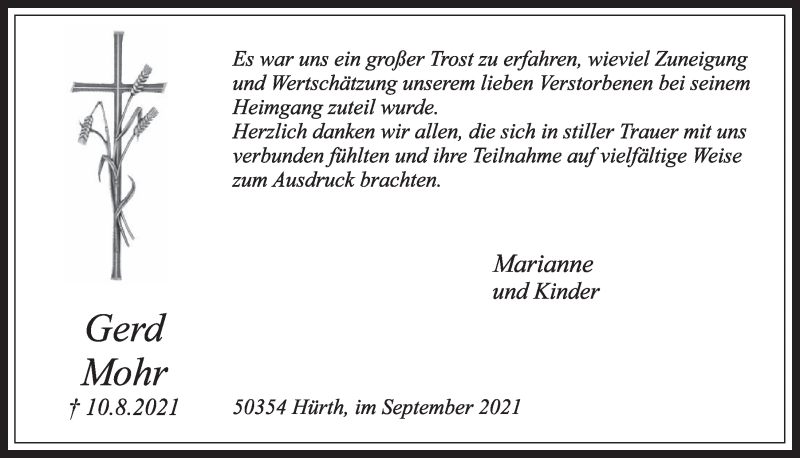  Traueranzeige für Gerd Mohr vom 10.09.2021 aus  Wochenende 