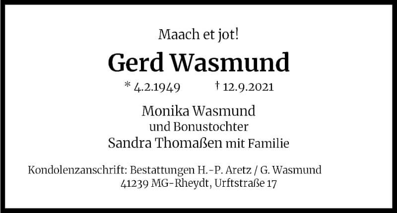  Traueranzeige für Gerd Wasmund vom 18.09.2021 aus Kölner Stadt-Anzeiger / Kölnische Rundschau / Express