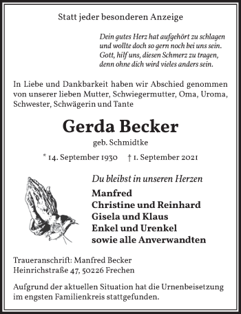 Anzeige von Gerda Becker von  Wochenende 