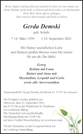 Anzeige von Gerda Demski von Kölner Stadt-Anzeiger / Kölnische Rundschau / Express