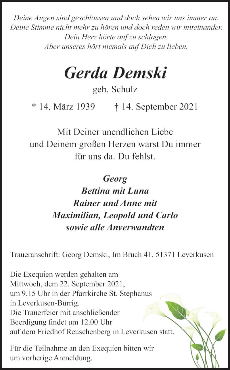  Traueranzeige für Gerda Demski vom 18.09.2021 aus Kölner Stadt-Anzeiger / Kölnische Rundschau / Express