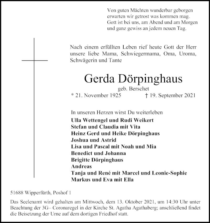  Traueranzeige für Gerda Dörpinghaus vom 25.09.2021 aus Kölner Stadt-Anzeiger / Kölnische Rundschau / Express