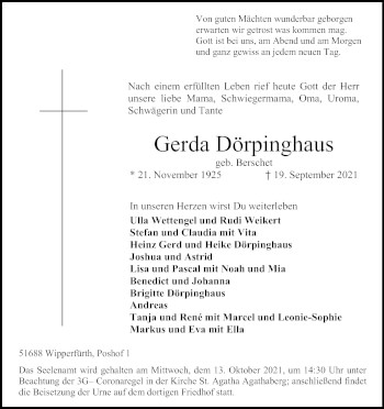 Anzeige von Gerda Dörpinghaus von Kölner Stadt-Anzeiger / Kölnische Rundschau / Express