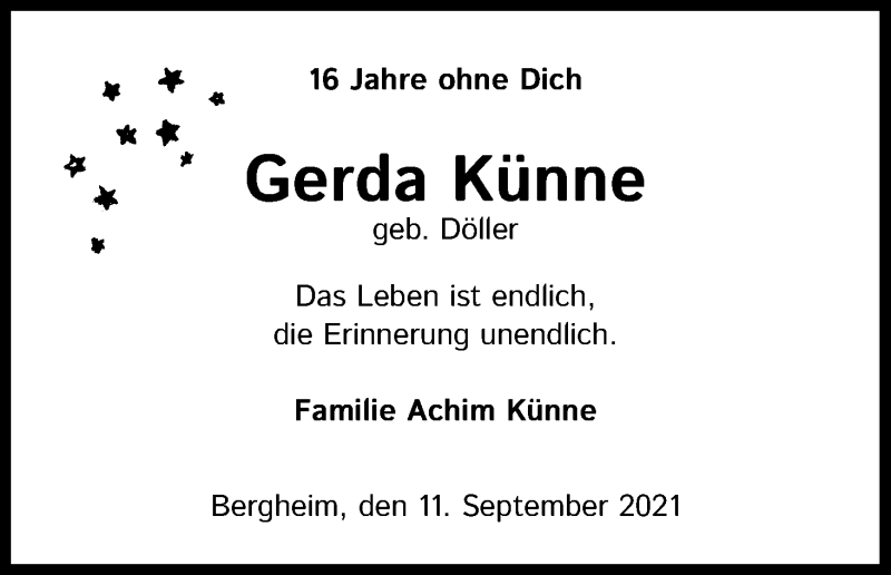  Traueranzeige für Gerda Künne vom 11.09.2021 aus Kölner Stadt-Anzeiger / Kölnische Rundschau / Express