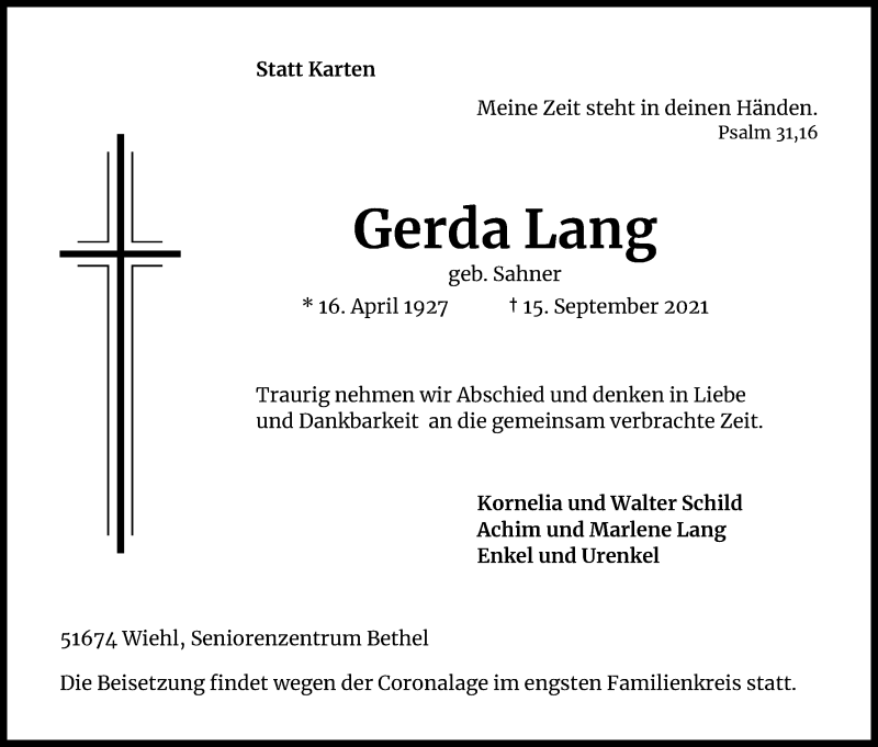  Traueranzeige für Gerda Lang vom 22.09.2021 aus Kölner Stadt-Anzeiger / Kölnische Rundschau / Express