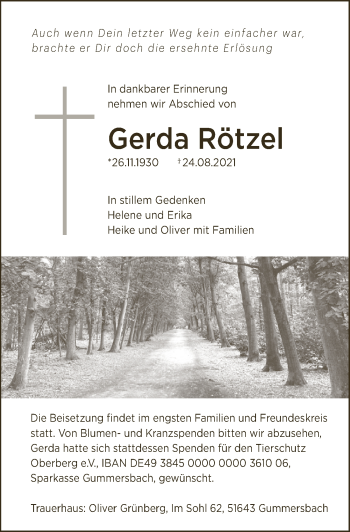 Anzeige von Gerda Rötzel von  Anzeigen Echo 