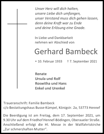 Anzeige von Gerhard Bambeck von Kölner Stadt-Anzeiger / Kölnische Rundschau / Express