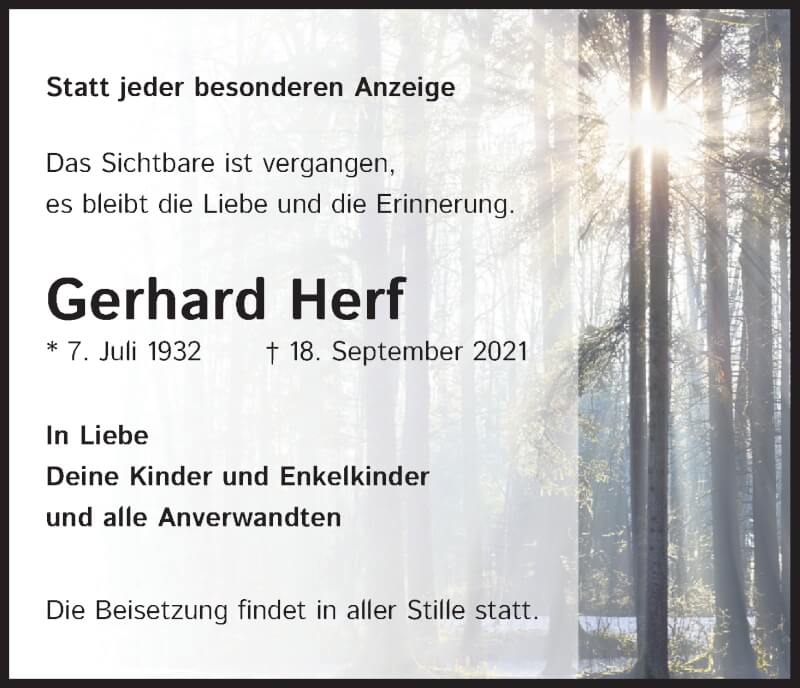  Traueranzeige für Gerhard Herf vom 25.09.2021 aus Kölner Stadt-Anzeiger / Kölnische Rundschau / Express
