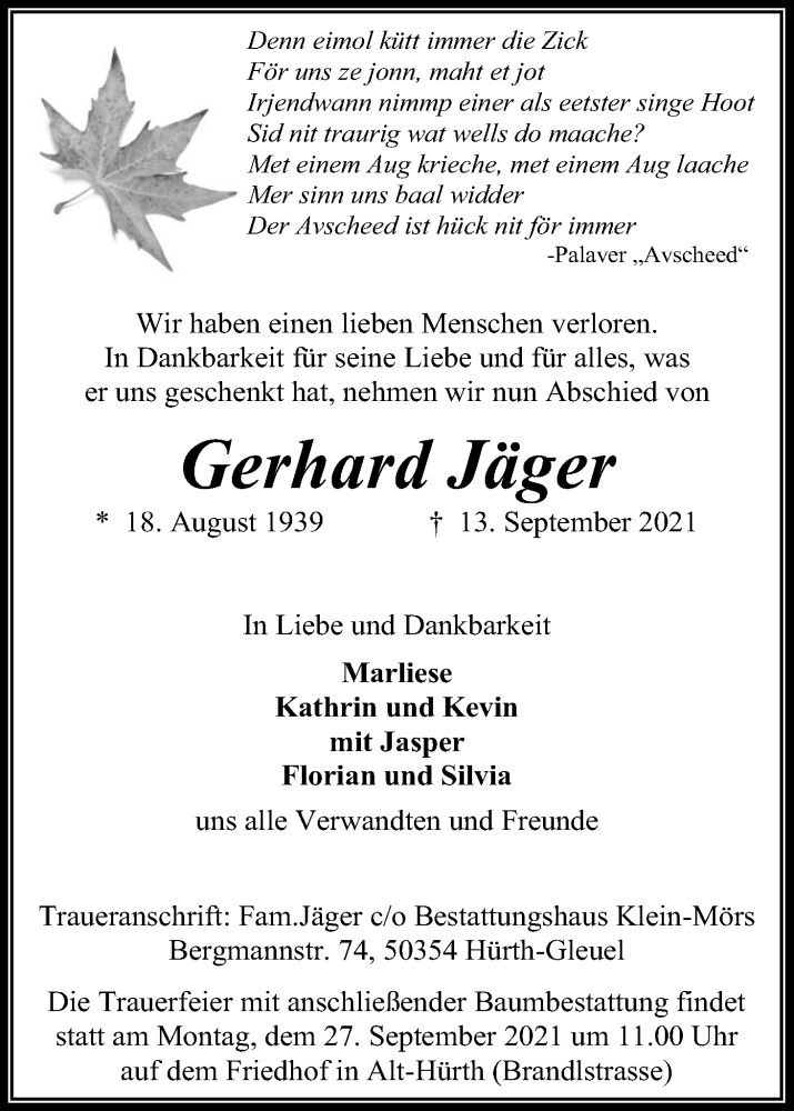  Traueranzeige für Gerhard Jäger vom 24.09.2021 aus Kölner Stadt-Anzeiger / Kölnische Rundschau / Express