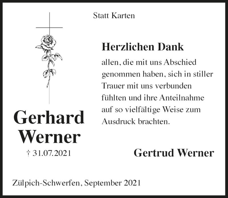  Traueranzeige für Gerhard Werner vom 18.09.2021 aus  Blickpunkt Euskirchen 