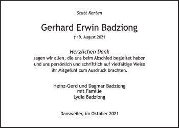 Anzeige von Gerhard Erwin Badziong von  Wochenende 
