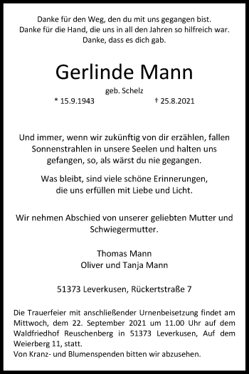 Anzeige von Gerlinde Mann von Kölner Stadt-Anzeiger / Kölnische Rundschau / Express