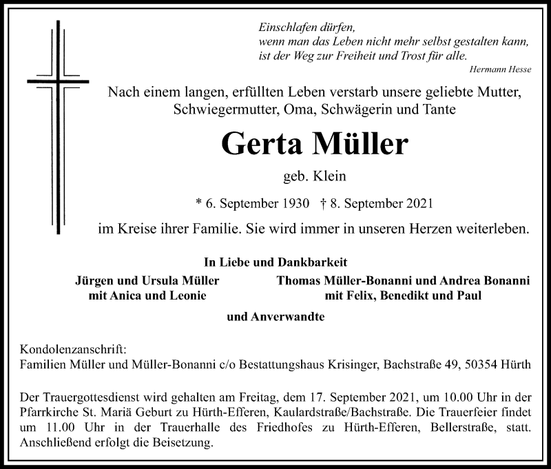  Traueranzeige für Gerta Müller vom 11.09.2021 aus Kölner Stadt-Anzeiger / Kölnische Rundschau / Express