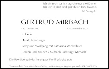 Anzeige von Gertrud Mirbach von Kölner Stadt-Anzeiger / Kölnische Rundschau / Express