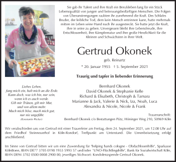Anzeige von Gertrud Okonek von Kölner Stadt-Anzeiger / Kölnische Rundschau / Express