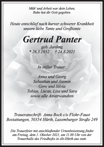 Anzeige von Gertrud Panter von  Wochenende  Schlossbote/Werbekurier  Werbepost 