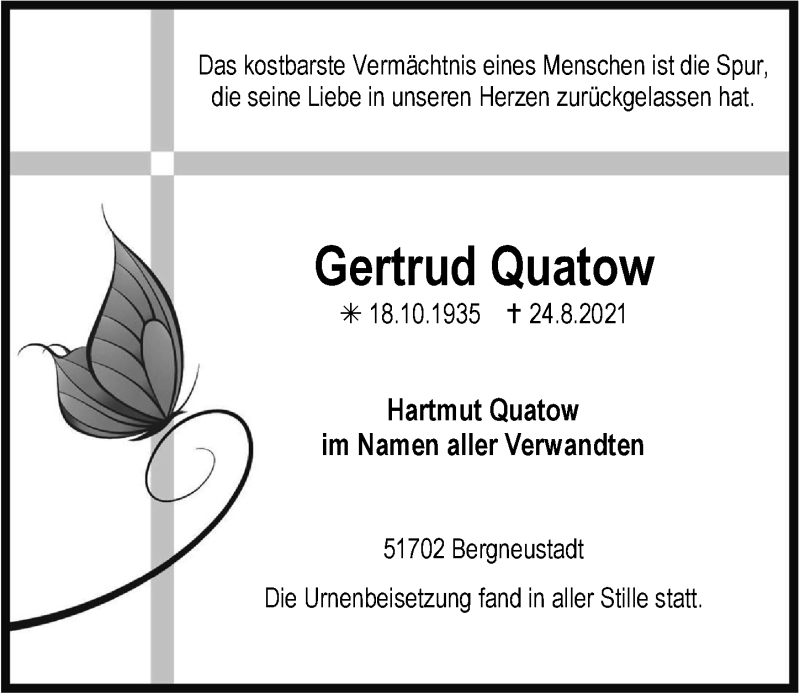  Traueranzeige für Gertrud Quatow vom 10.09.2021 aus  Anzeigen Echo 