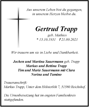 Anzeige von Gertrud Trapp von  Anzeigen Echo 
