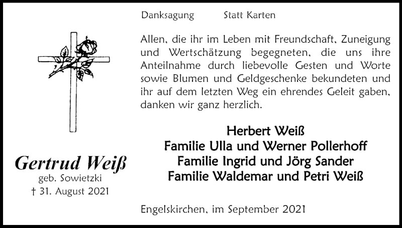 Traueranzeige für Gertrud Weiß vom 25.09.2021 aus Kölner Stadt-Anzeiger / Kölnische Rundschau / Express