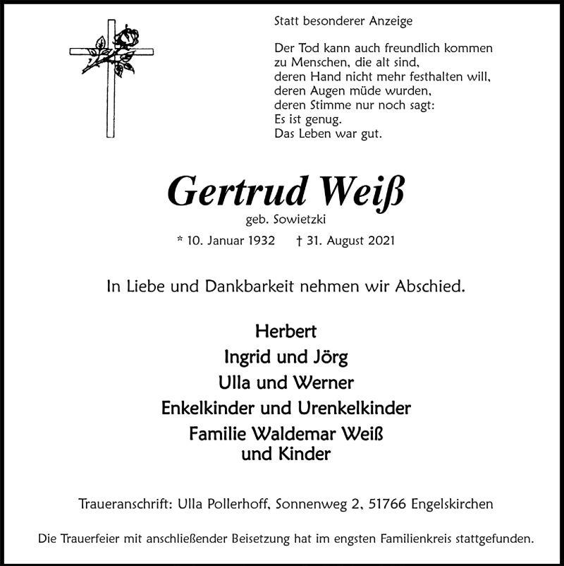  Traueranzeige für Gertrud Weiß vom 10.09.2021 aus  Anzeigen Echo 
