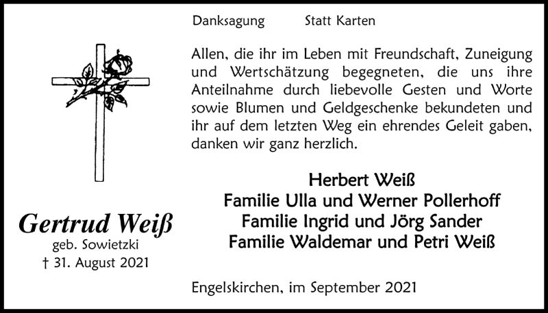  Traueranzeige für Gertrud Weiß vom 24.09.2021 aus  Anzeigen Echo 