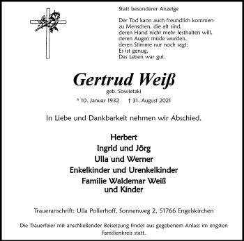 Anzeige von Gertrud Weiß von Kölner Stadt-Anzeiger / Kölnische Rundschau / Express