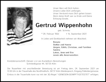 Anzeige von Gertrud Wippenhohn von Kölner Stadt-Anzeiger / Kölnische Rundschau / Express