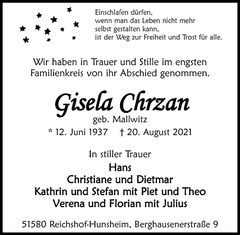  Traueranzeige für Gisela Chrzan vom 03.09.2021 aus  Anzeigen Echo 