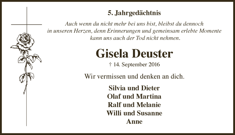  Traueranzeige für Gisela Deuster vom 24.09.2021 aus  Schaufenster/Blickpunkt 